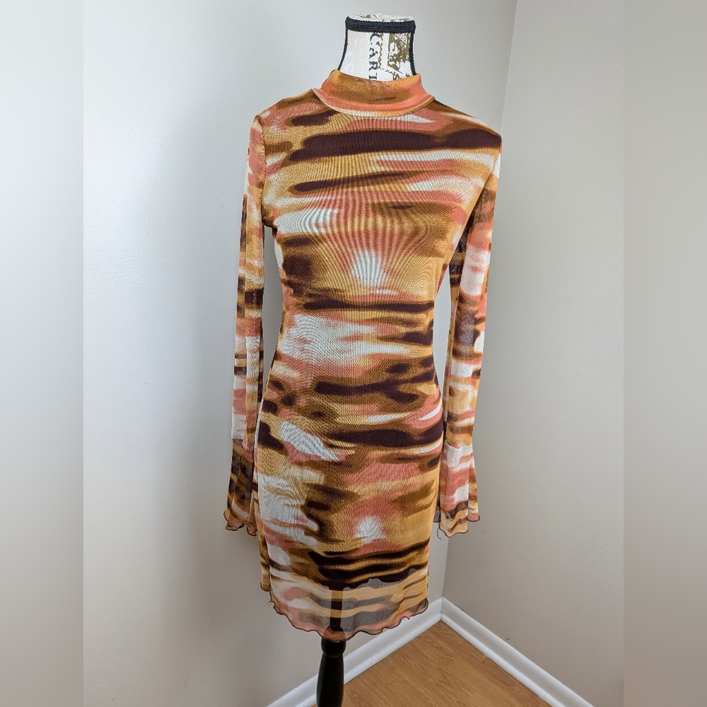 Vibe Brown Orange Bodycon Mesh Dress Longsleeve Flare Sleeve Tie Dye M Club Wear